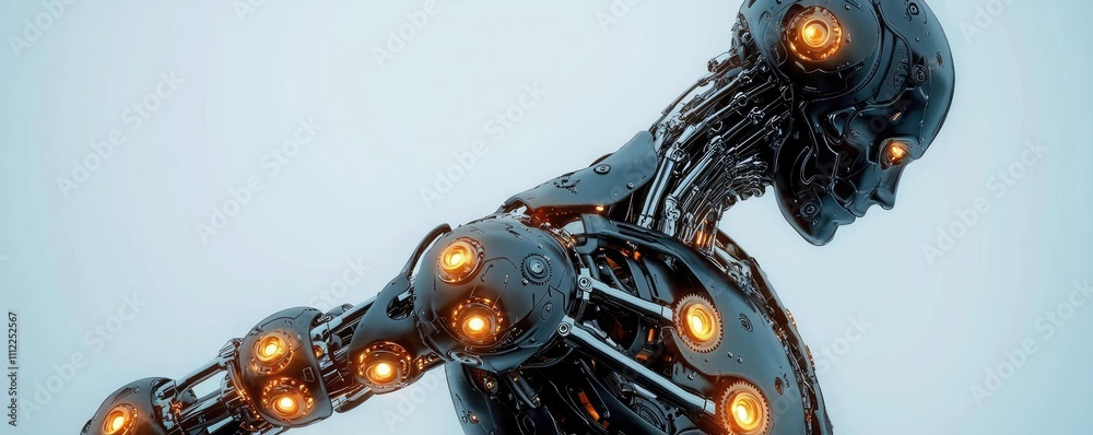 Poster futuristic robot design with neon lights on a white isolated background.