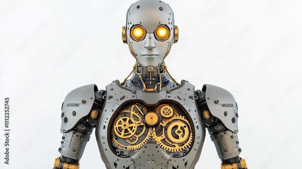 Poster futuristic robot with glowing eyes and exposed gears on white isolated background.
