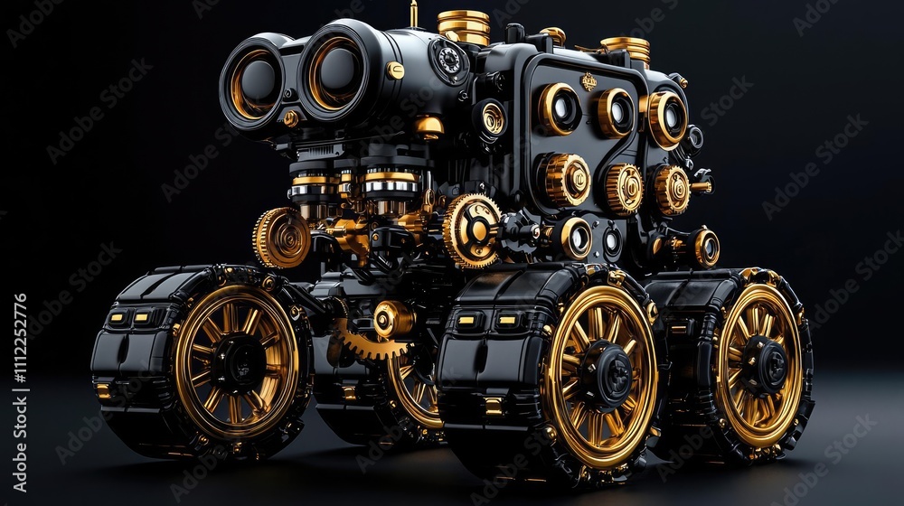 Poster steampunk robotic vehicle with gears and wheels on a dark background.