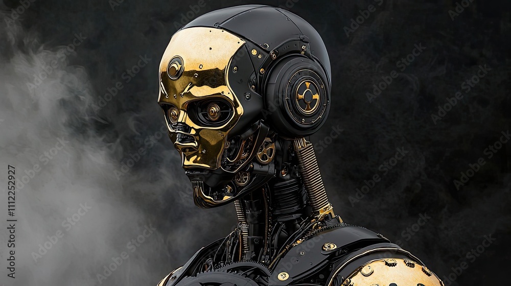 Aufkleber robotic skull design with intricate detailing against a dark background