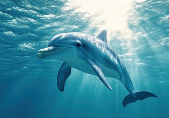 Naklejka premium Majestic Dolphin Swimming Gracefully Beneath the Ocean Surface, Rays of Light Illuminating Water, Showcasing the Beauty of Marine Life in a Serene Environment