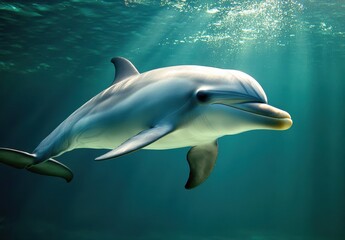 Naklejka premium Graceful Dolphin Swimming Underwater in Crystal Clear Ocean Water with Sunlight Rays Illuminating the Scene, Capturing the Beauty of Marine Life