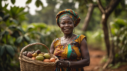 Portrait of African woman from Ghana holding basket with cocoa or cacao beans. Cocoa plantation in Ghana. Woman cocoa farmer in Africa