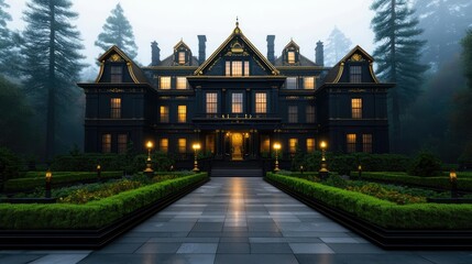 Elegant mansion surrounded by greenery in a misty forest.