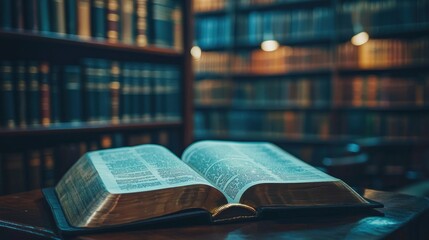 Obraz premium Open Book on Wooden Table in a Dimly Lit Library Surrounded by Bookshelves Filled with Vintage Leather Bound Volumes Evoking a Sense of Knowledge and History