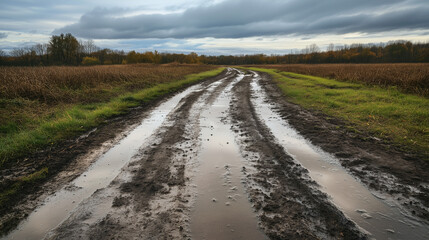 Naklejka premium Wet and muddy path through an autumn landscape, road in the countryside. 