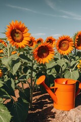 Obraz premium Vibrant Orange Watering Can Among Sunflowers in Beautiful Umbria