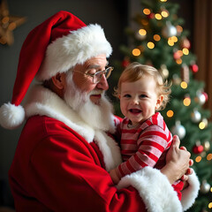 Portrait d'un grang-père portant un chapeau de Père Noël tenant un bébé souriant, fond d'arbre de Noël. Grand-mère et petit-enfant, joyeux concept de réunion de famille