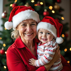 Portrait d'une grand-mère portant un chapeau de Père Noël tenant un bébé souriant, fond d'arbre de Noël. Grand-mère et petit-enfant, joyeux concept de réunion de famille