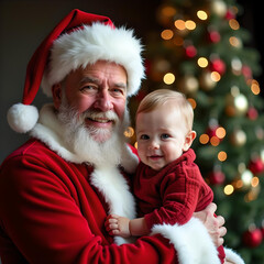 Portrait d'un grang-père portant un chapeau de Père Noël tenant un bébé souriant, fond d'arbre de Noël. Grand-mère et petit-enfant, joyeux concept de réunion de famille