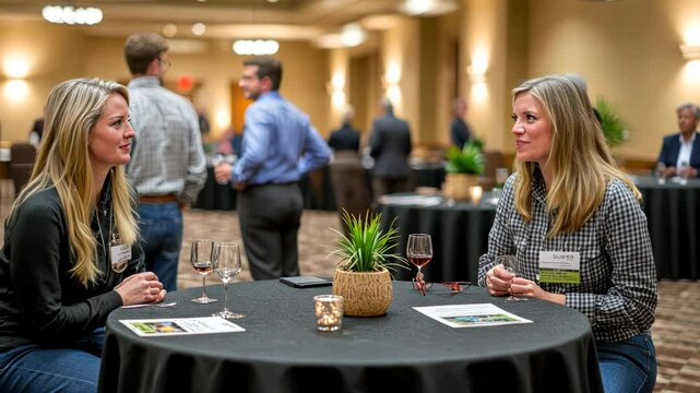 Two women converse at a round table during a business event.