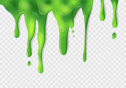Dripping glossy neon green slime with glitter. Transparent texture with mucus and droplets. Isolated abstract element for creepy backgrounds, Halloween, alien concept. Vector illustration.