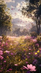 Obraz premium Enchanting floral meadow with vibrant blooming flowers set against a backdrop of a mystical forest landscape bathed in the warm glow of a serene sunset