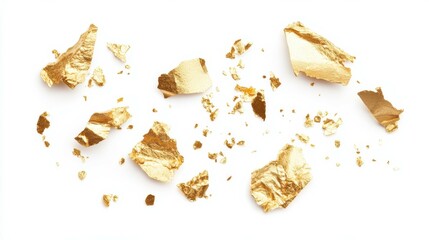 Pieces flakes of gold foil on white background