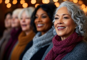 Obraz premium Group of Joyful Older Women Smiling and Standing Together in a Warm, Cozy Atmosphere with Soft Light and Festive Backdrop for a Celebratory Theme
