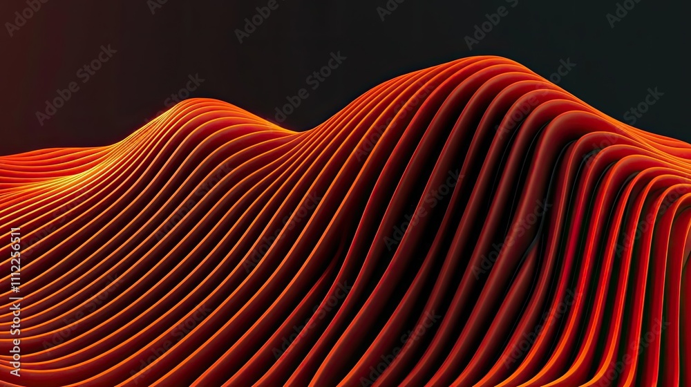 Poster abstract wavy patterns in vibrant red and orange colors against a dark background.