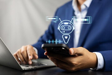 AI Artificial Intelligence,Digital chatbot, Man chatting with digital assistant chatbot on...