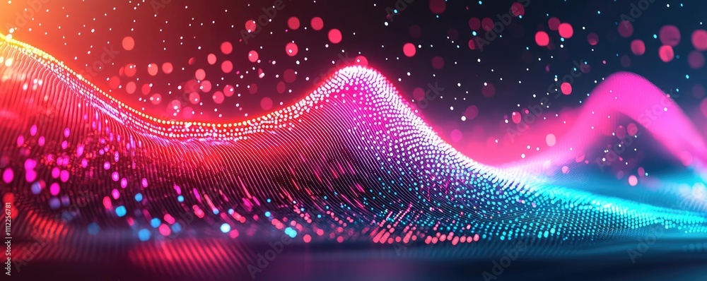 Poster colorful abstract wave with light particles on a dark background.