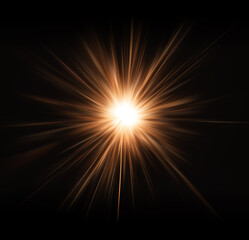 Glowing golden and  yellow light beams on black background. Star explosion of rays.