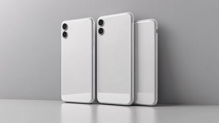 White Smartphone frameless blank screen, rotated position. Smartphone from different angles. Smart device collection with thin frame and blank screen isolated. Mockup for present site app or UX/UI