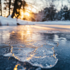 Fototapeta premium Winter landscape with frozen lake at sunrise