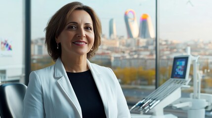 Confident Female Dentist Smiling in Modern Clinic with City View, Healthcare Professional