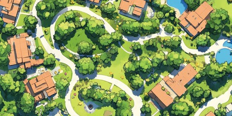 Obraz premium Aerial view of a luxury residential community. Upscale homes nestled amongst lush green landscaping and winding pathways. Peaceful and idyllic setting.