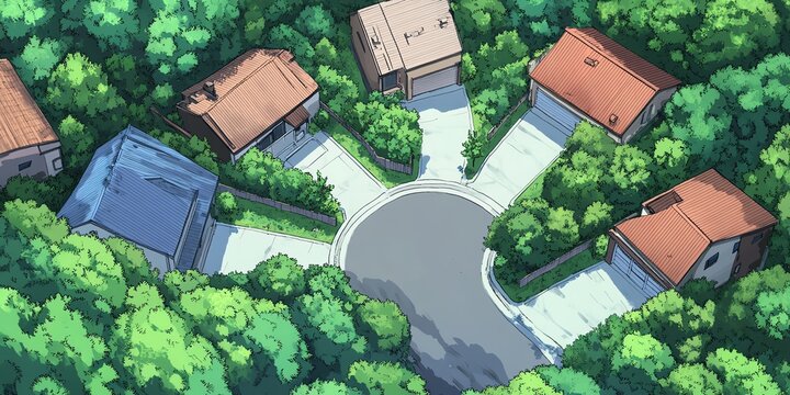 Aerial view of a residential cul-de-sac nestled in a lush green forest. Five houses surround a circular driveway, offering a tranquil suburban scene.