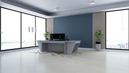 office front desk or receptionist room with a wooden 3d design interior wall logo mockup