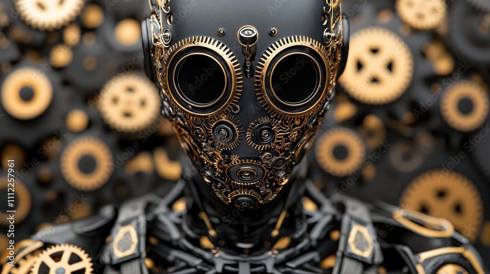 Poster futuristic robot with intricate gear design on a dark background.