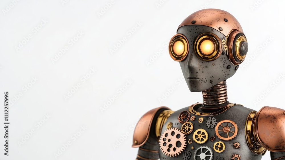 Poster steampunk robot figure with gears and glowing eyes, white isolate background