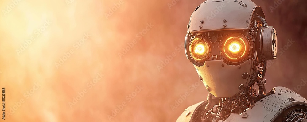 Poster futuristic robot with glowing eyes in a dramatic atmospheric setting
