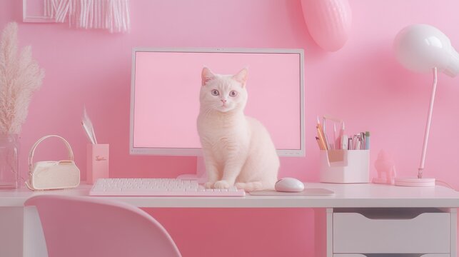 Minimalist pink desktop with cute organizer, cat and accessories
