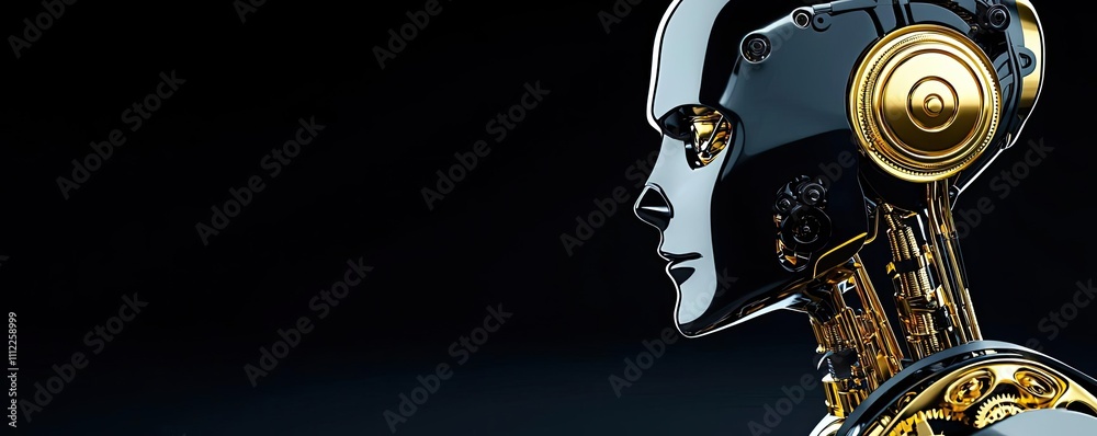 Poster Profile view of a robotic head with intricate details on a dark background