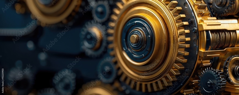 Poster close-up of golden gears with a dark background, showcasing intricate machinery.