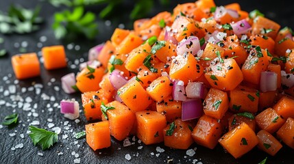 A colorful mix of chopped carrots, red onion, and green leaves on the left side, with salt sprinkled over them on a dark background. Macro photography, food photo.