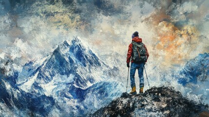 Mountaineer ready for adventure. Mixed media