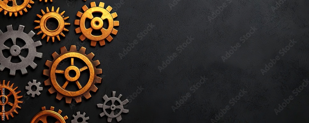 Poster collection of rusted gears on a dark background, highlighting mechanical design aspects.