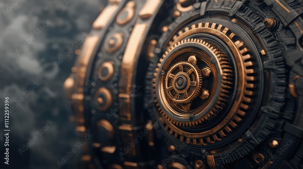 Poster intricate metallic gears and mechanisms, detailed close-up with a dark background.