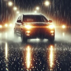 Car Headlights in Rain A car driving at night in the rain headli