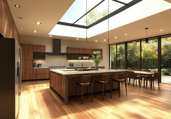 Modern kitchen design with wooden cabinetry and spacious layout featuring skylights, large windows, and bright natural light enhancing the interior ambiance