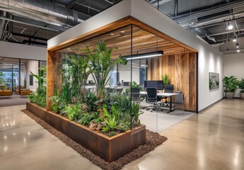 Modern Office Design with Indoor Plants and Glass Walls Creating a Green Workspace in a Contemporary Corporate Environment