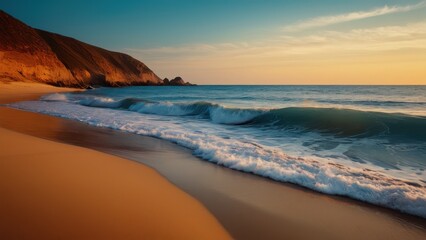 Fototapeta premium A serene sunset over the ocean with gentle waves rolling onto the shore, creating a tranquil and picturesque atmosphere perfect for beach lovers