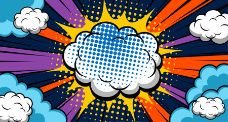 Abstract creative concept comic pop art style blank, layout template with clouds beams and isolated dots background. empty speech bubble, vector illustration halftone book design