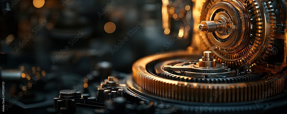 Poster close-up view of intricate clock gears with golden details and dark background.