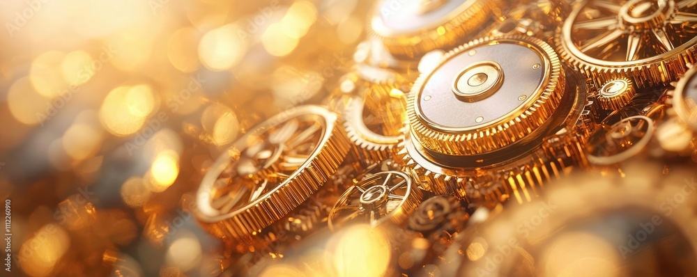 Poster gears and cogs in golden light, showcasing intricate mechanical design.