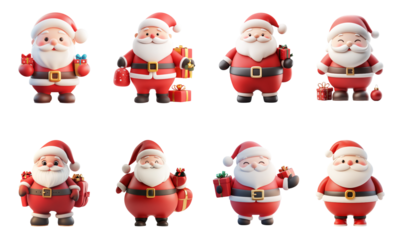Pack PNG of cartoon style Santa Claus with Christmas elements set against a transparent background