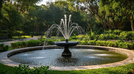 A quiet park, with a fountain bubbling