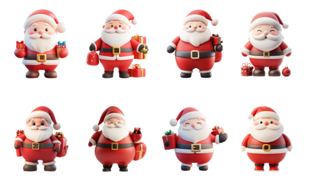 Pack PNG of cartoon style Santa Claus with Christmas elements set against a transparent background