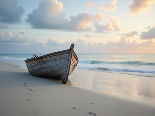 Generated realistic illustration of a lone abandoned wooden boat stranded on the beach in sunrise.